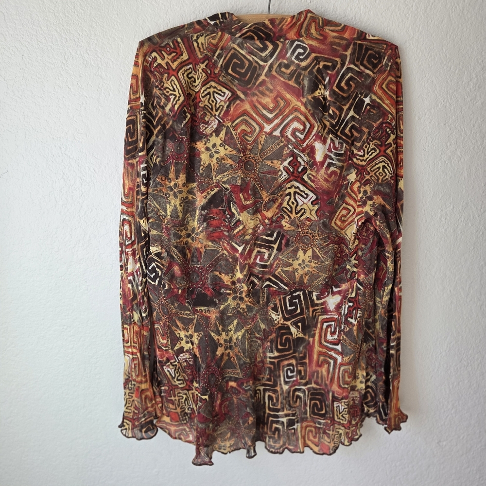 Chicos Silk Sheer Blouse Plus Size2 Sheer V-Neck Abstract Long Sleeve Top - Picture 2 of 14